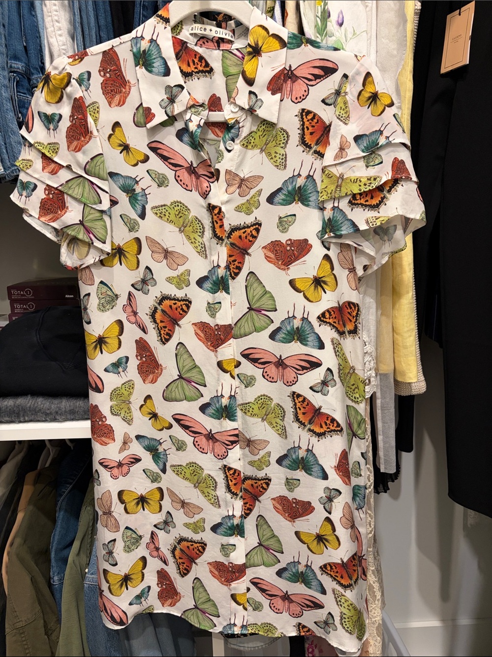 Alice + Olivia White ruffle mini dress with Multicolor Butterfly Print